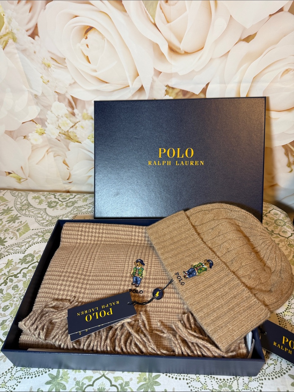 Polo by Ralph Lauren Camel Bear Knit Beanie and Scarf Set